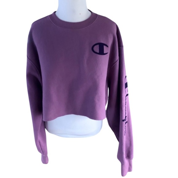 Champion Plum Fleece Reverse Weave C Logo Crop Crewneck Drop Shoulder Sweatshirt - Picture 6 of 16